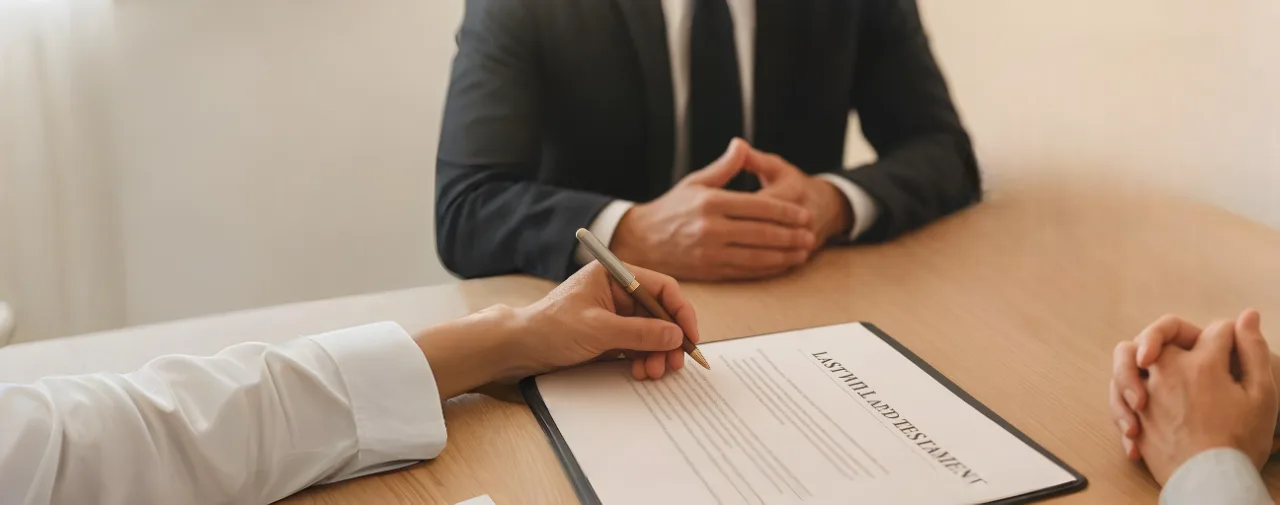 Hand signing a Last Will and Testament document at a table, representing the Florida probate legal process