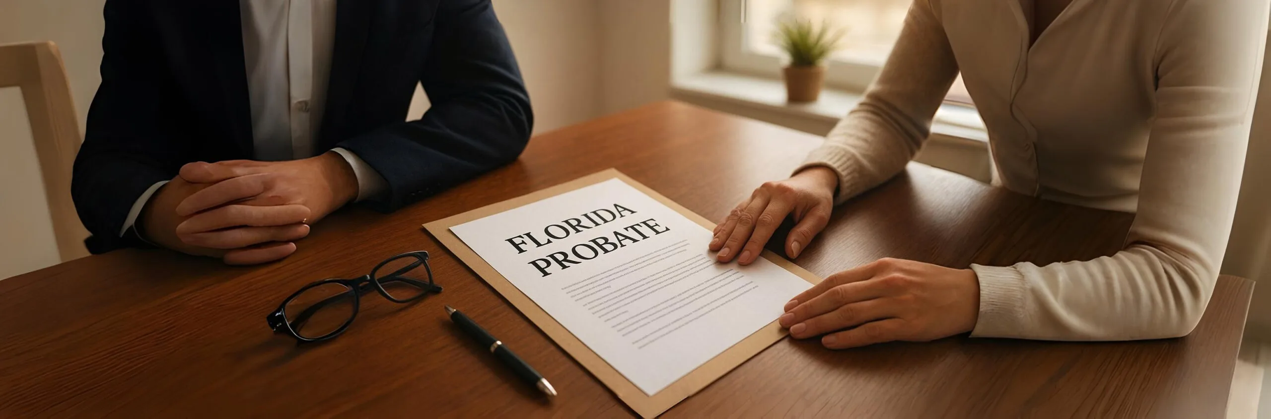 Legal document titled "Florida Probate" on a desk with hands of two people visible, symbolizing estate planning in Florida